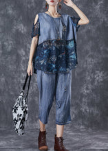 Load image into Gallery viewer, Women Blue Cold Shoulder Patchwork 2 Piece Outfit Summer