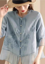 Load image into Gallery viewer, Women Blue Embroidered Tulle Patchwork Linen Shirt Summer