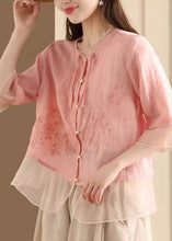 Load image into Gallery viewer, Women Blue Embroidered Tulle Patchwork Linen Shirt Summer