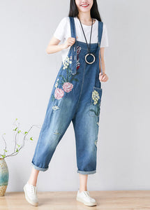 Women Blue Embroidered Cotton Denim Jumpsuits Spring