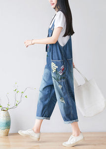 Women Blue Embroidered Cotton Denim Jumpsuits Spring