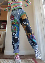 Load image into Gallery viewer, Women Blue Fashion Cartoon Printed Denim Pant Spring