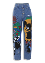 Load image into Gallery viewer, Women Blue Fashion Cartoon Printed Denim Pant Spring