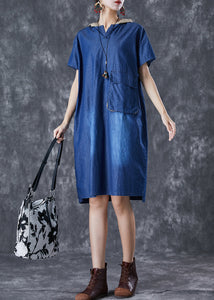 Women Blue Hooded Patchwork Pocket Denim Mid Dress Summer