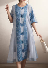 Load image into Gallery viewer, Women Blue O Neck Print Plus Size Silk Dress Summer