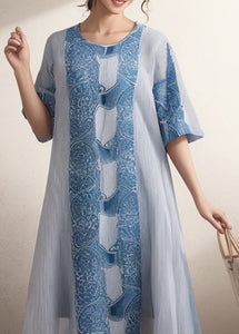 Women Blue O Neck Print Plus Size Silk Dress Summer