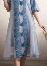 Load image into Gallery viewer, Women Blue O Neck Print Plus Size Silk Dress Summer