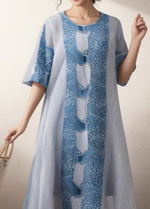 Women Blue O Neck Print Plus Size Silk Dress Summer