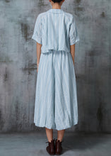 Load image into Gallery viewer, Women Blue Peter Pan Collar Wrinkled Cotton Two Pieces Set Summer