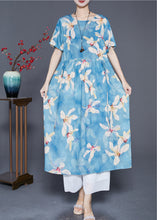 Load image into Gallery viewer, Women Blue Print Exra Large Hem Linen Vacation Dresses Summer