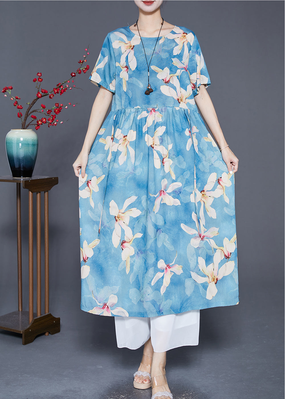 Women Blue Print Exra Large Hem Linen Vacation Dresses Summer