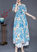 Load image into Gallery viewer, Women Blue Print Exra Large Hem Linen Vacation Dresses Summer