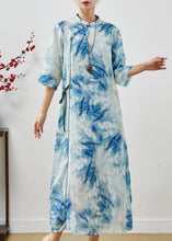 Load image into Gallery viewer, Women Blue Print Lace Up Linen Cheongsam Dresses Summer