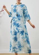 Load image into Gallery viewer, Women Blue Print Lace Up Linen Cheongsam Dresses Summer