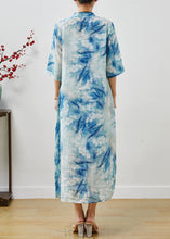 Load image into Gallery viewer, Women Blue Print Lace Up Linen Cheongsam Dresses Summer