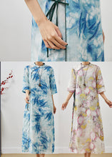 Load image into Gallery viewer, Women Blue Print Lace Up Linen Cheongsam Dresses Summer