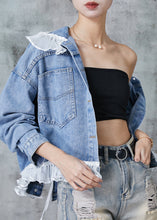 Load image into Gallery viewer, Women Blue Ruffled Patchwork Denim Coats Spring