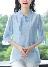 Load image into Gallery viewer, Women Blue Stand Collar Tasseled Patchwork Linen Shirt Summer