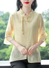 Load image into Gallery viewer, Women Blue Stand Collar Tasseled Patchwork Linen Shirt Summer