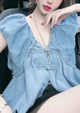 Load image into Gallery viewer, Women Blue V Neck Button Denim Tops Sleeveless