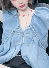 Load image into Gallery viewer, Women Blue V Neck Button Denim Tops Sleeveless