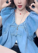 Load image into Gallery viewer, Women Blue V Neck Button Denim Tops Sleeveless