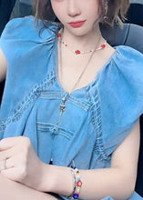 Load image into Gallery viewer, Women Blue V Neck Button Denim Tops Sleeveless