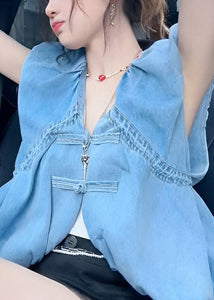 Women Blue V Neck Button Denim Tops Sleeveless