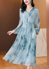 Load image into Gallery viewer, Women Blue V Neck Print Drawstring Silk Dress Lantern Sleeve