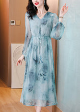 Load image into Gallery viewer, Women Blue V Neck Print Drawstring Silk Dress Lantern Sleeve