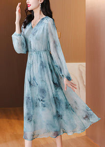 Women Blue V Neck Print Drawstring Silk Dress Lantern Sleeve