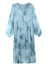 Load image into Gallery viewer, Women Blue V Neck Print Drawstring Silk Dress Lantern Sleeve