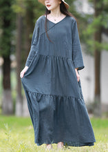 Load image into Gallery viewer, Women Blue V Neck Solid Patchwork Cotton Long Dresses Spring