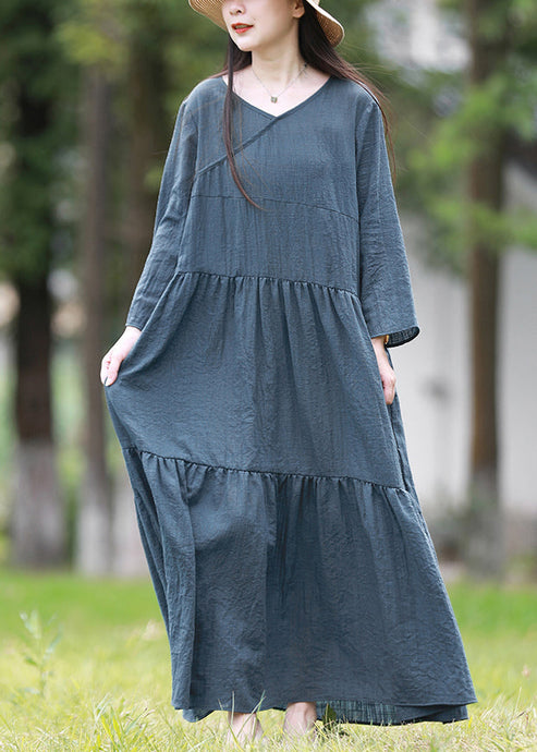 Women Blue V Neck Solid Patchwork Cotton Long Dresses Spring