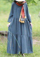 Load image into Gallery viewer, Women Blue V Neck Solid Patchwork Cotton Long Dresses Spring