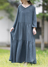 Load image into Gallery viewer, Women Blue V Neck Solid Patchwork Cotton Long Dresses Spring