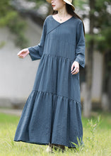 Load image into Gallery viewer, Women Blue V Neck Solid Patchwork Cotton Long Dresses Spring