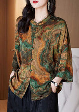 Load image into Gallery viewer, Women Brown Stand Collar Button Print Patchwork Silk Blouse Top Summer