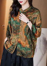 Load image into Gallery viewer, Women Brown Stand Collar Button Print Patchwork Silk Blouse Top Summer