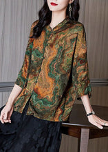 Load image into Gallery viewer, Women Brown Stand Collar Button Print Patchwork Silk Blouse Top Summer