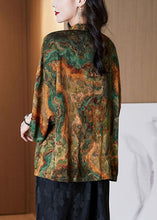 Load image into Gallery viewer, Women Brown Stand Collar Button Print Patchwork Silk Blouse Top Summer