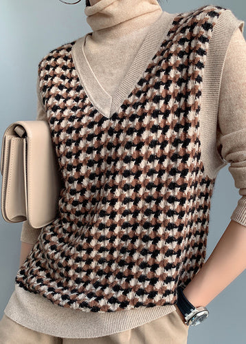 Women Camel V Neck Plaid Cotton Knit Waistcoat Fall