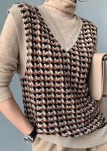 Load image into Gallery viewer, Women Camel V Neck Plaid Cotton Knit Waistcoat Fall