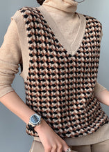 Load image into Gallery viewer, Women Camel V Neck Plaid Cotton Knit Waistcoat Fall