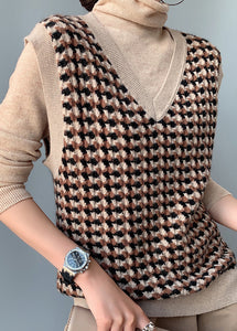 Women Camel V Neck Plaid Cotton Knit Waistcoat Fall