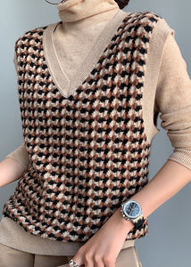 Women Camel V Neck Plaid Cotton Knit Waistcoat Fall