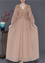 Load image into Gallery viewer, Women Coffee Lace Patchwork Tie Waist Chiffon Dresses Spring