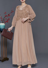 Load image into Gallery viewer, Women Coffee Lace Patchwork Tie Waist Chiffon Dresses Spring