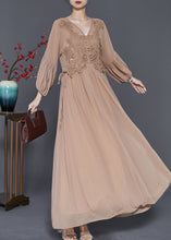 Load image into Gallery viewer, Women Coffee Lace Patchwork Tie Waist Chiffon Dresses Spring