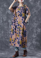 Load image into Gallery viewer, Women Coffee O-Neck Floral Print Linen Long Dress Summer